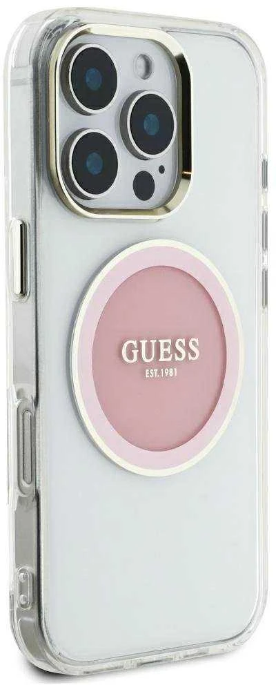 Dėklas Guess IML Metal Colored Circle Classic Logo MagSafe Apple iPhone 16 Pro Max rožinės spalvos