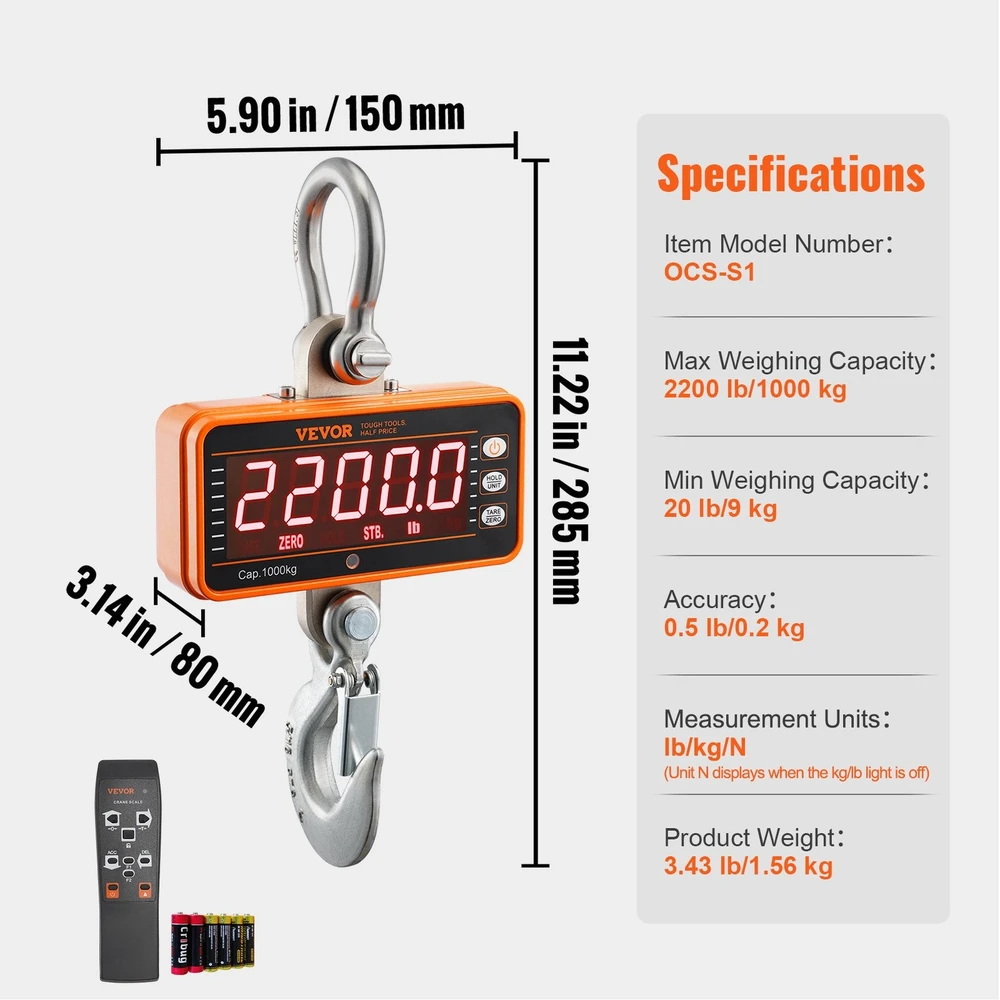 VEVOR Elektroninės svarstyklės kranui, 1000 kg
