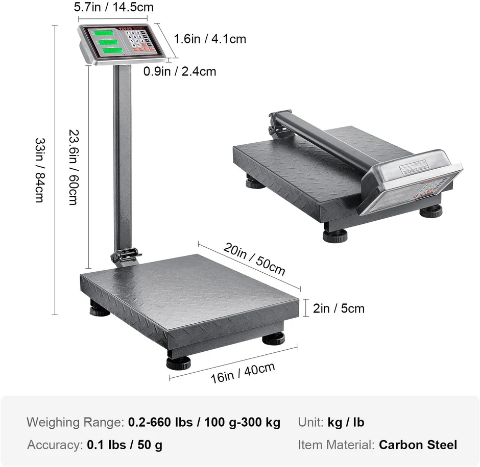 VEVOR Elektroninės platforminės svarstyklės 300 kg, tikslumas 50 g