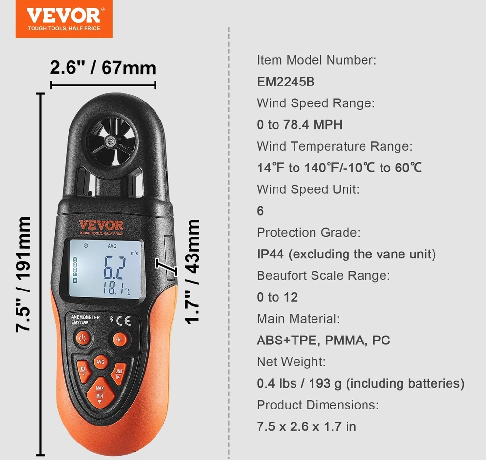 VEVOR Bluetooth nešiojamas anemometras įranga HVAC