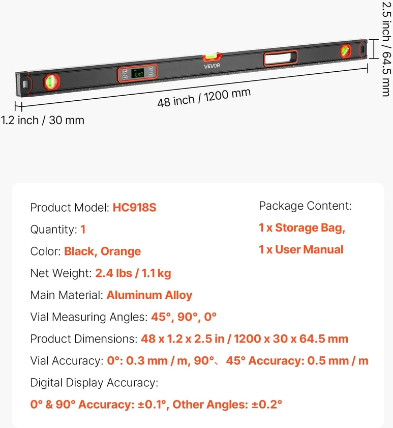 VEVOR Skaitmeninis gulsčiukas 1200 mm su magnetu