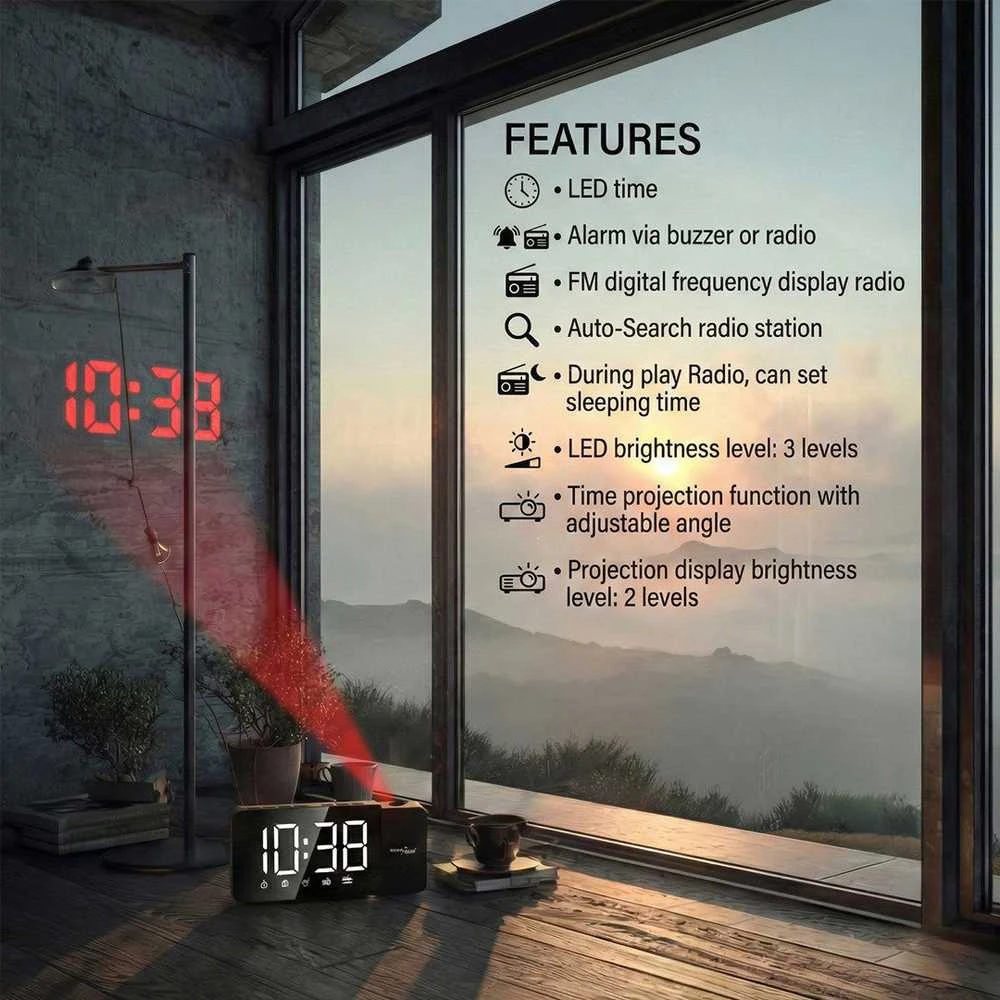 Skaitmeninis LED laikrodis-radijas su „GreenBlue“ projektoriumi, FM radiju, žadintuvu, 12/24 laikrodžiu, 5 V nuolatinės srovės USB maitinimo šaltiniu + CR2032, GB172