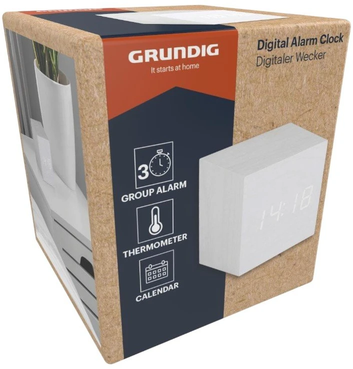 Skaitmeninis LED žadintuvas Grundig su termometru ir kalendoriumi, baltas