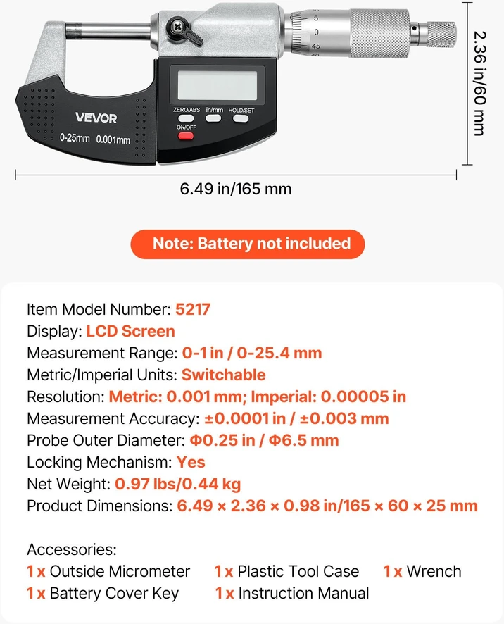 VEVOR Mikrometrų rinkinys: skaitmeninis išorinis mikrometras 0–25,4 mm