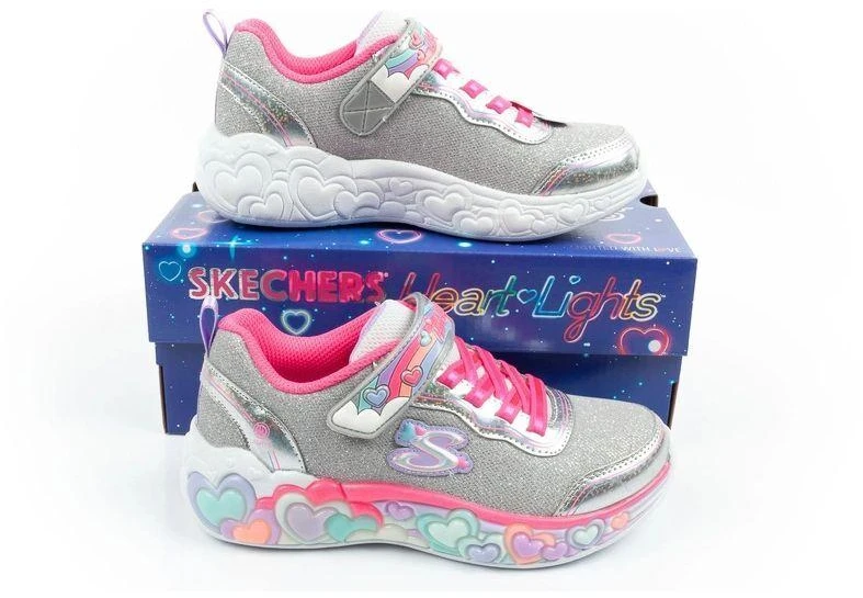 Skechers S Lights LED vaikiški batai mergaitėms su lipdukais, pilki