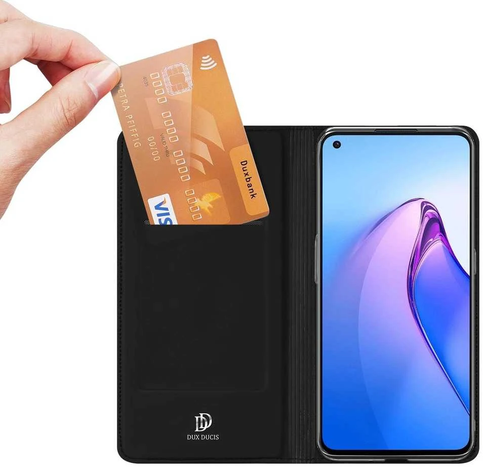 Dux Ducis Skin Pro Oppo Reno 8 atverčiamas card wallet su stoveliu dėklas telefonui juodos spalvos