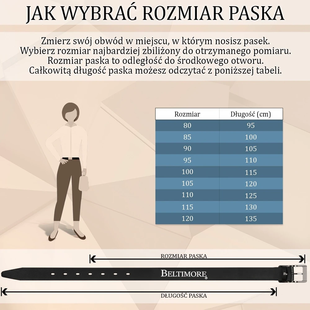 Skórzany dirželis damski do spodni sukienki juoda skóra nat 4 cm Beltimore D86
