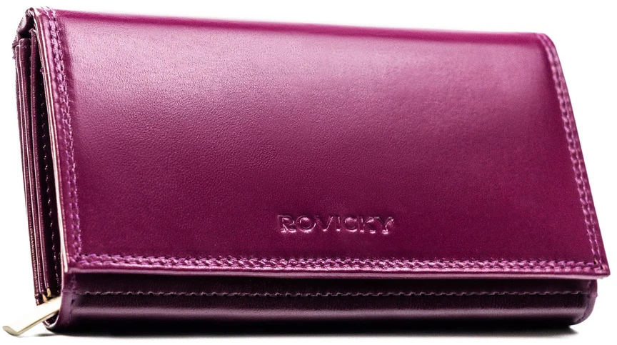 Skórzany portfel damski w fioletowym kolorze wyposażony w system RFID - Rovicky