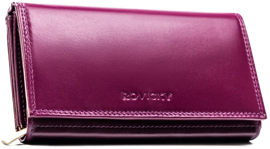 Skórzany portfel damski w fioletowym kolorze wyposażony w system RFID - Rovicky