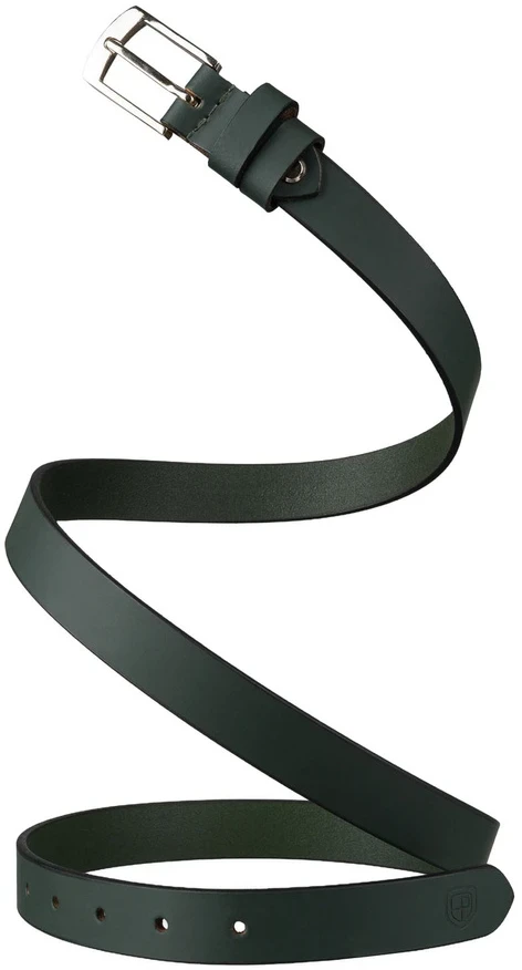 Skórzany, žalia dirželis damski ze srebrną, klasyczną klamrą - Peterson