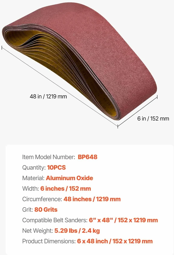 VEVOR Šlifavimo juostos, 152mm x 1219mm, 10vnt, 80 grūdėtumo
