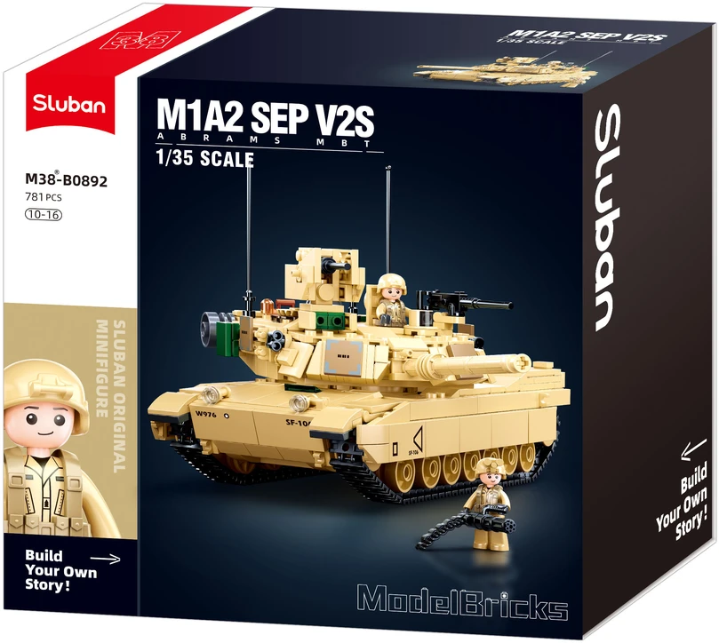 Sluban M1A2 SEP V2 Abrams kovinio tanko konstruktorius – 781 detalių, 29 cm, 6+