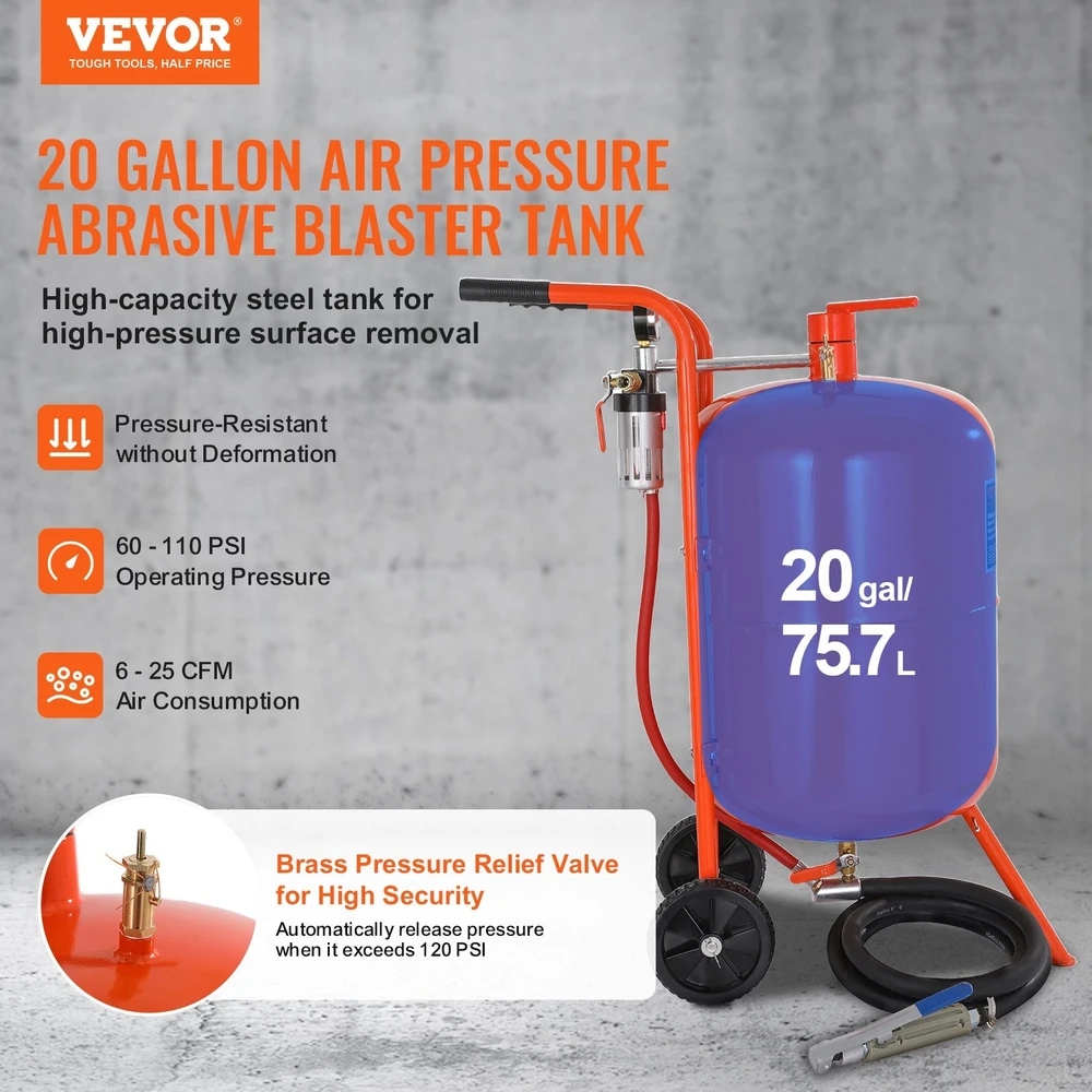VEVOR 20 galonų smėliasrovė 60–110 PSI su 4 purkštukais