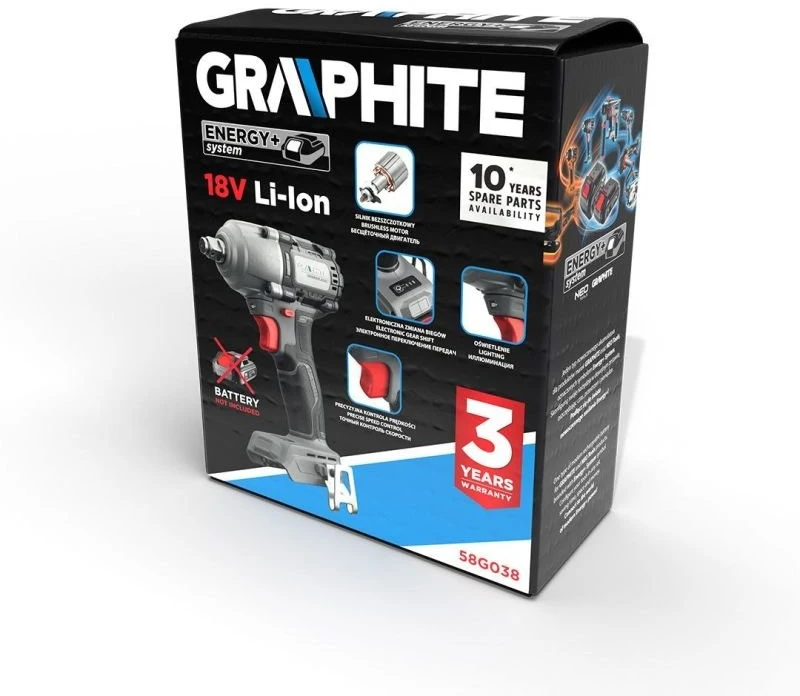 Graphite Klucz „Energy+“ 18 V bešepetėlinis smūginis veržliasukis, 450 Nm, be akumuliatoriaus