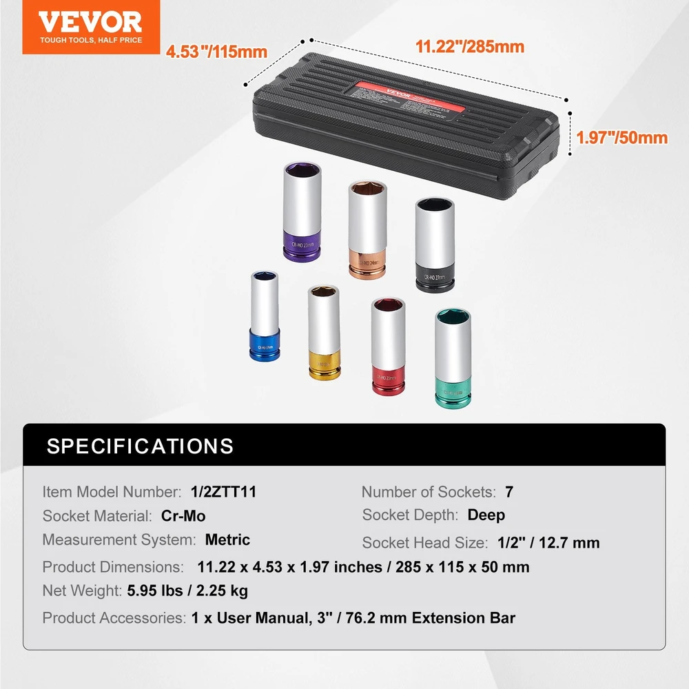 VEVOR Ratlankių veržlių smūginis galvučių rinkinys 1/2"