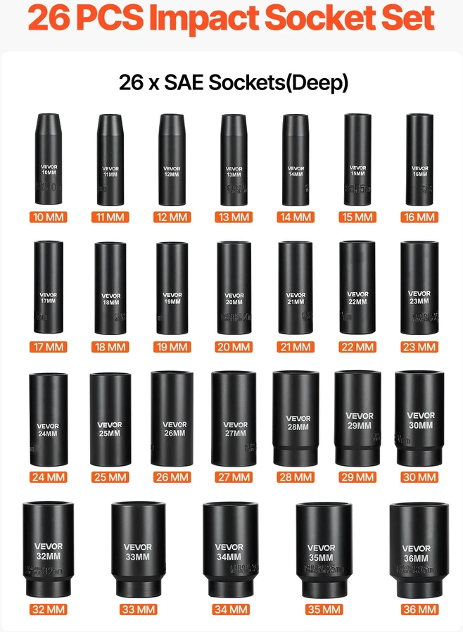 Smūginių galvučių rinkinys VEVOR 1/2"-26PC/DEEP LH-2126D, 26 dalių