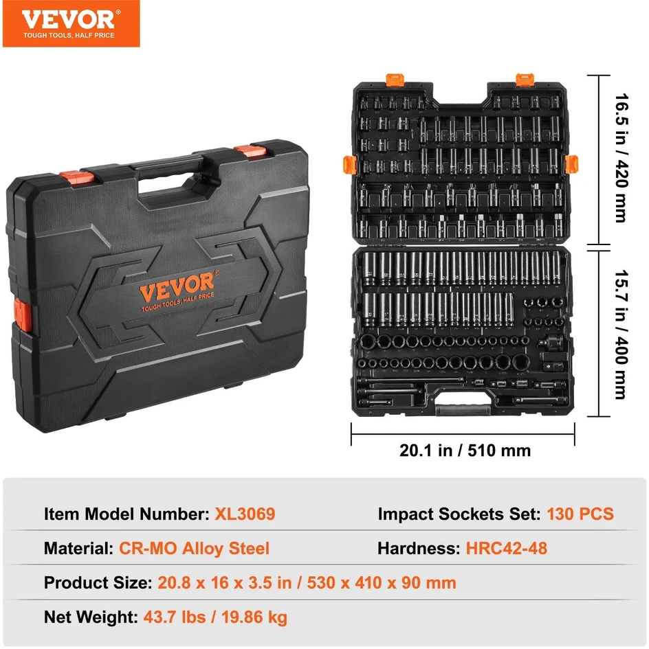 VEVOR Smūginiai veržliarakčiai 130 vnt. 3/8" ir 1/2"