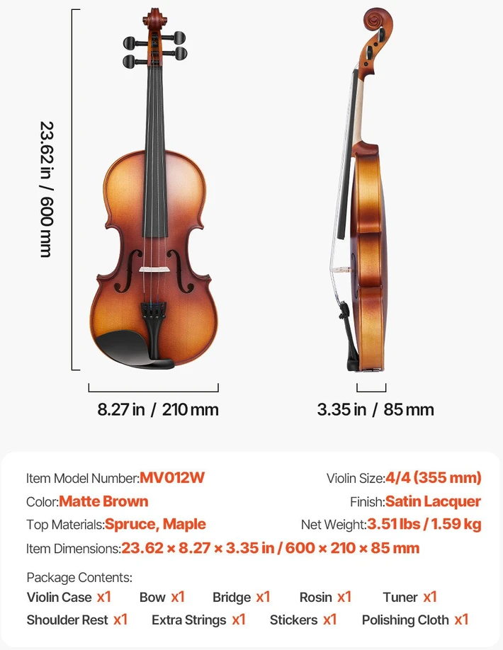 VEVOR 4/4 dydžio smuikas 355 mm pradedantiesiems
