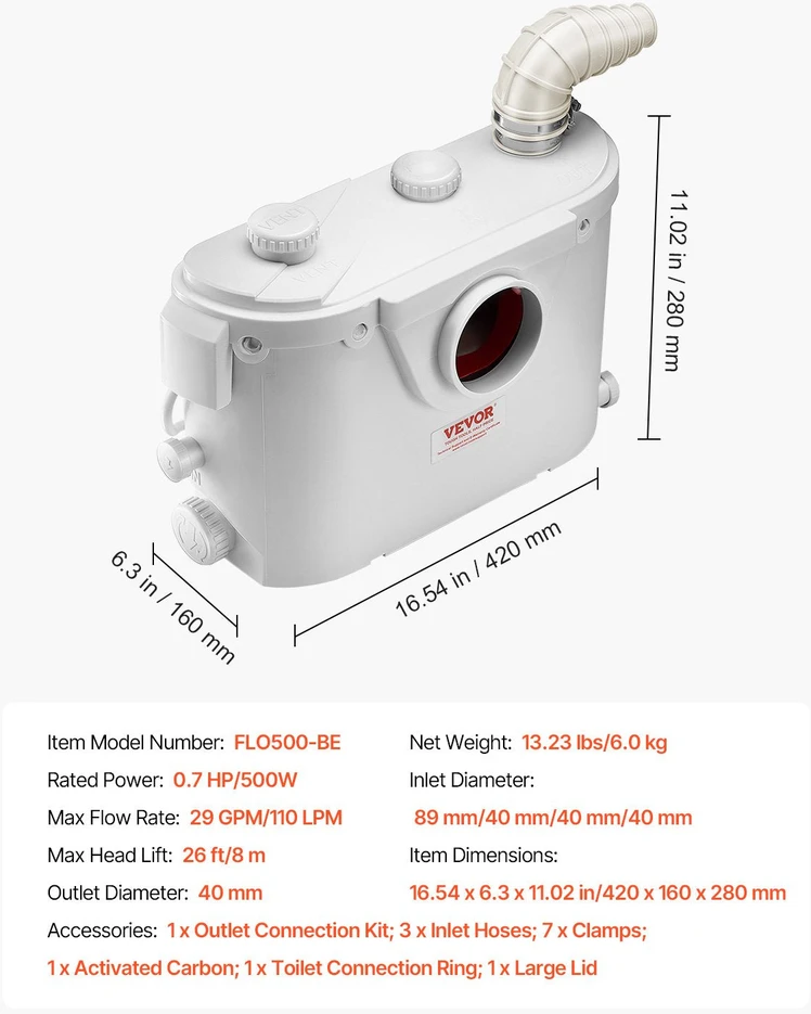 VEVOR Kanalizacijos siurblys 500W tualetui ir kriauklei