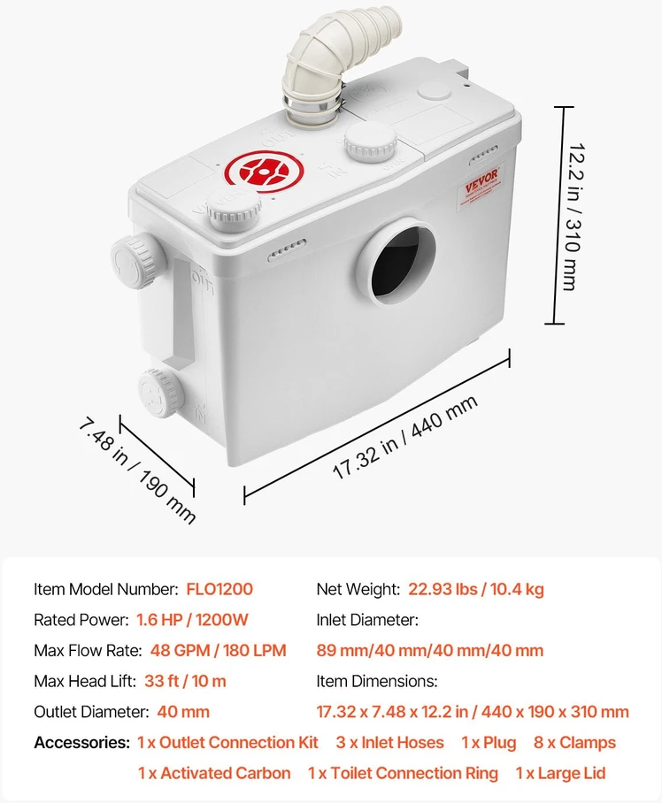 VEVOR Maso siurblys tualetui 1200W
