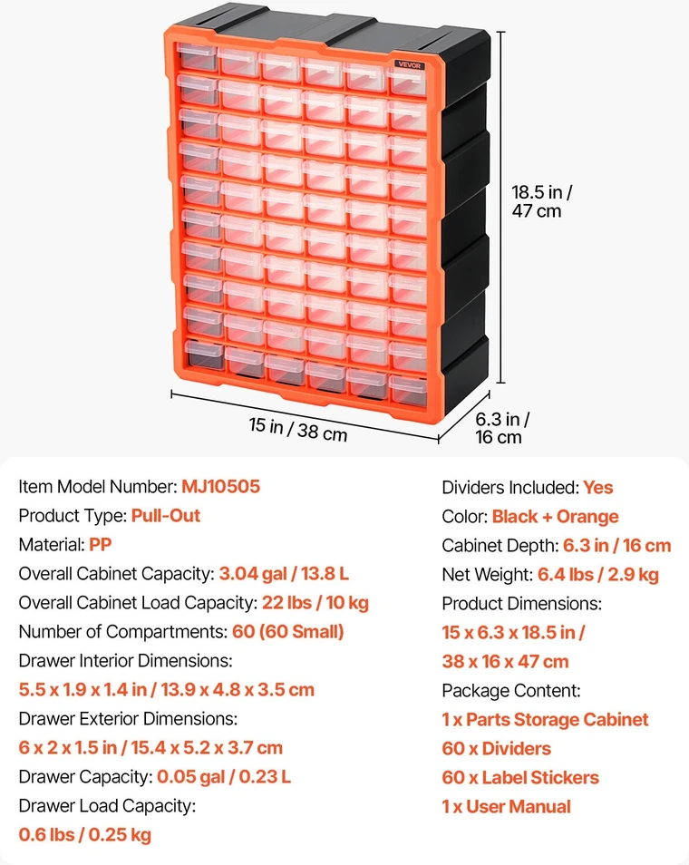 Smulkių detalių organaizeris VEVOR MJ10505, 60 stalčių