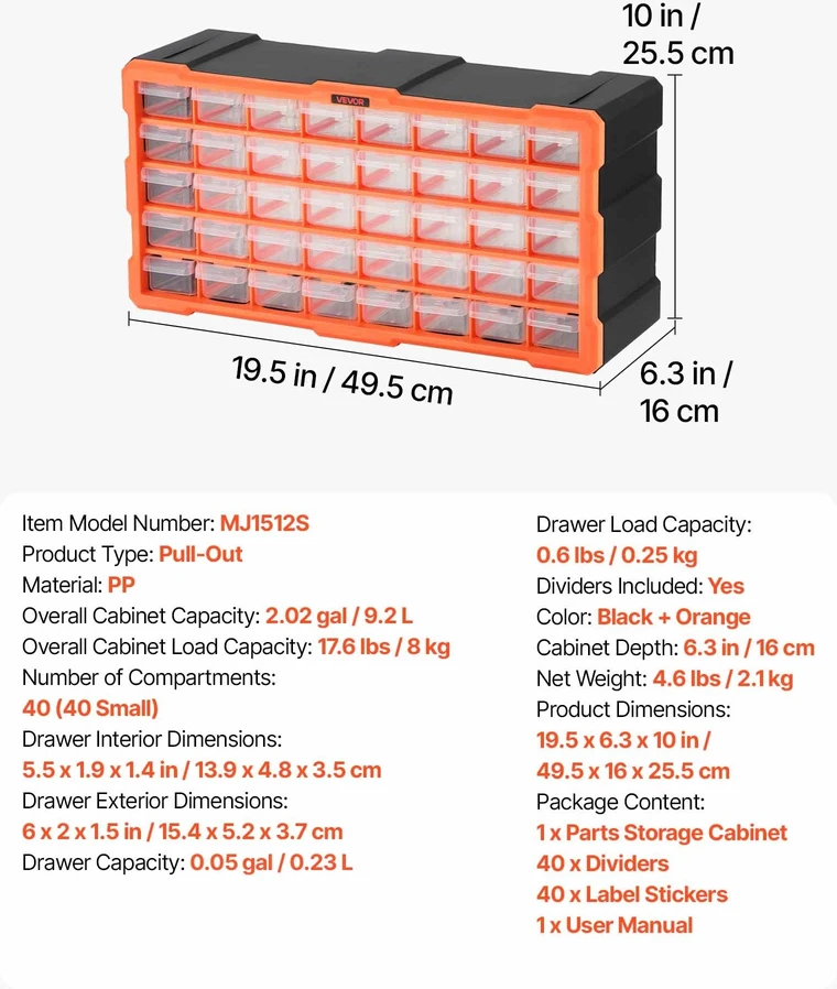 Smulkių detalių organaizeris VEVOR MJ1512S, 40 stalčių