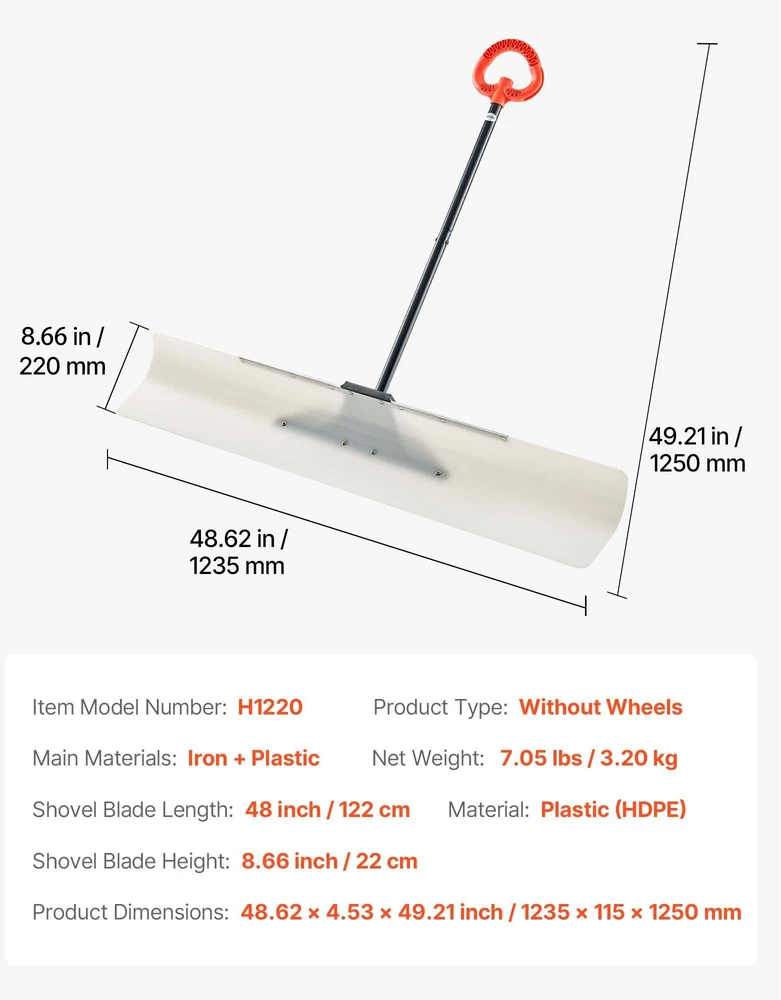Vevor Plastikinė sniego stūmimo kastuvas 122 cm