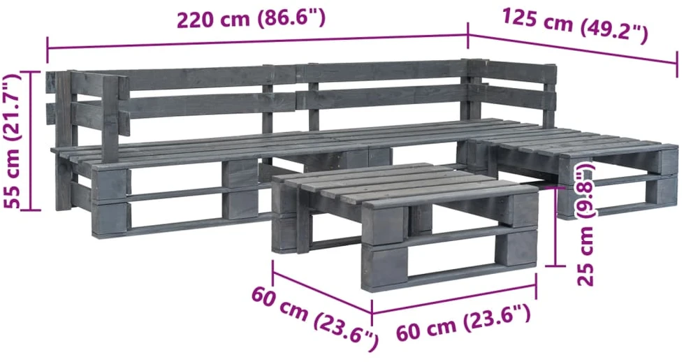 Lauko baldų komplektas Sodo baldų komplektas iš palečių, 4 dalių, pilkas, mediena
