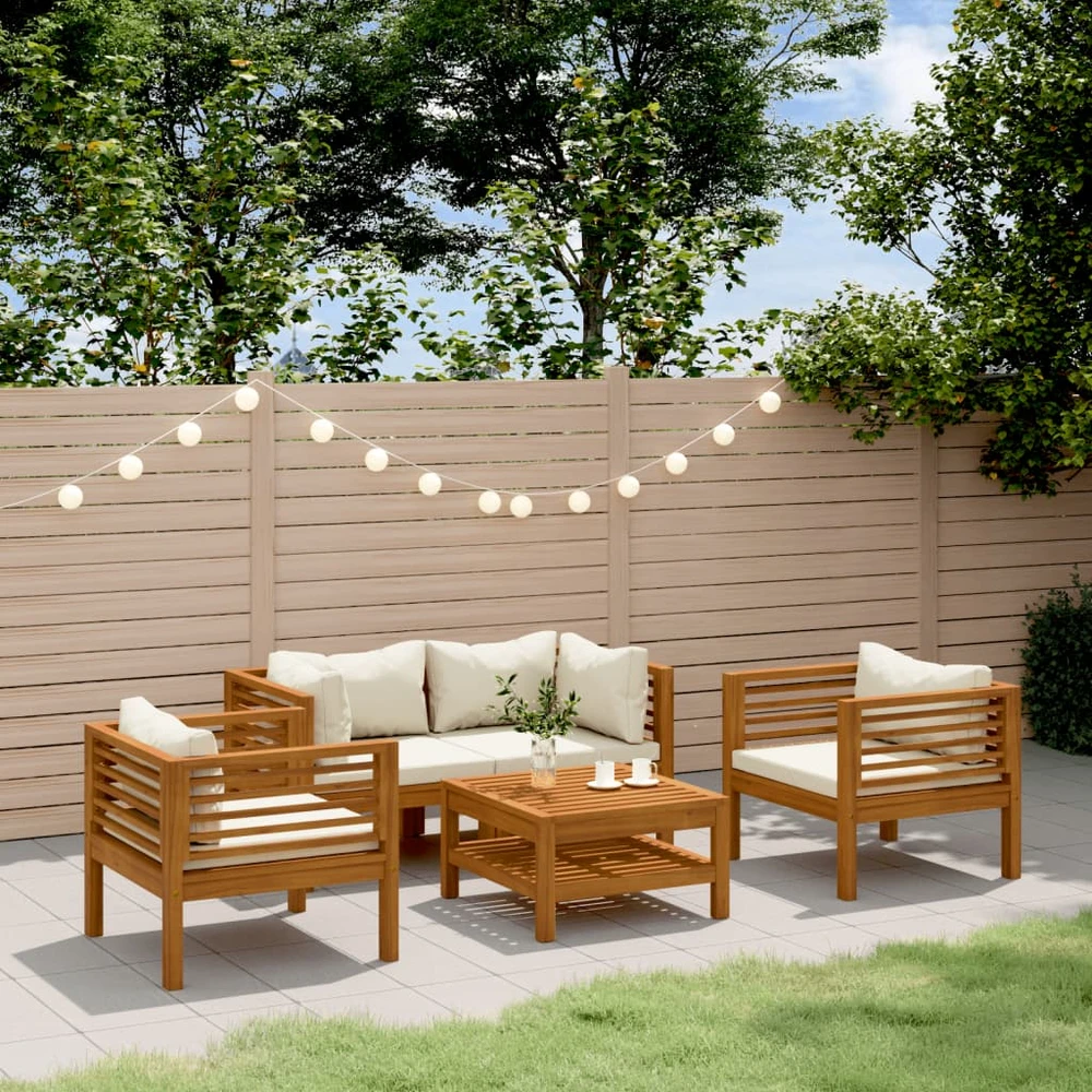 Lauko baldų komplektas Sodo komplektas su kreminėmis pagalvėlėmis, 5 dalių, akacija