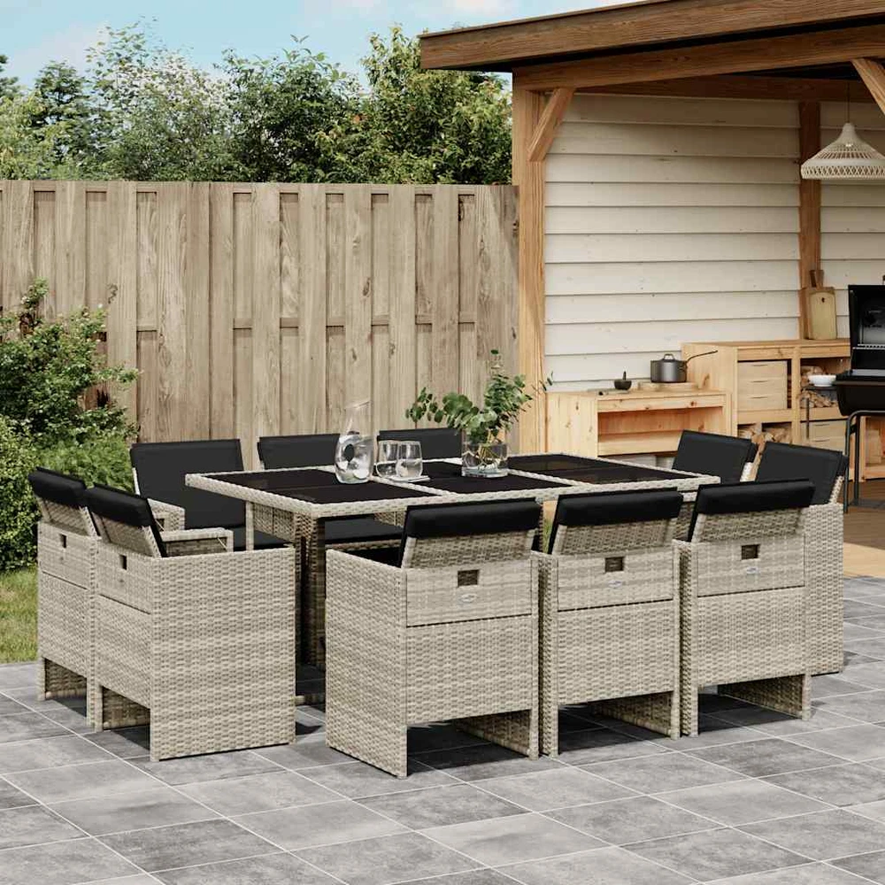 Lauko baldų komplektas Sodo komplektas su pagalvėlėmis, 11 dalių, pilkas, poliratanas