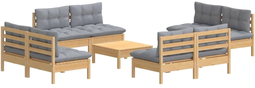 Lauko baldų komplektas Sodo komplektas su pilkomis pagalvėmis, 9 dalių, pušis