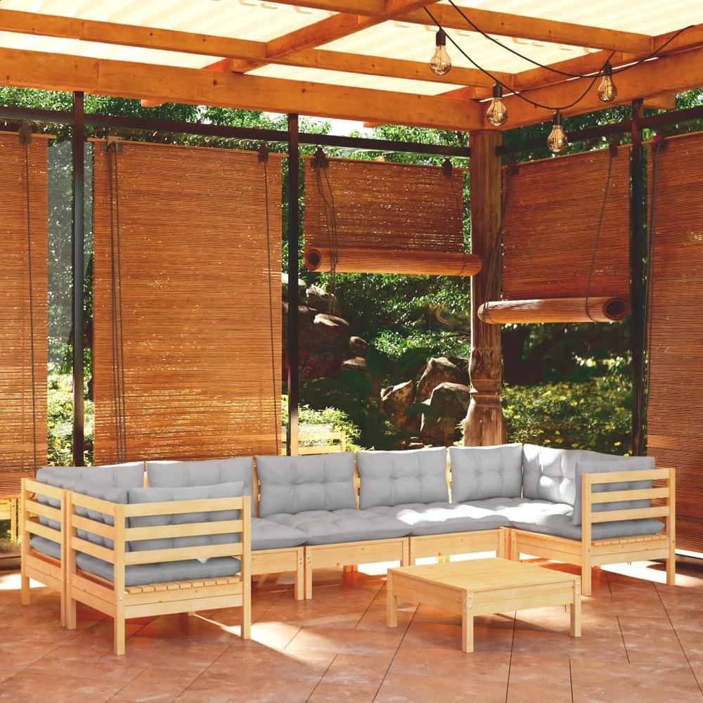 Lauko baldų komplektas Sodo komplektas su pilkomis pagalvėmis, 8 dalių, pušis