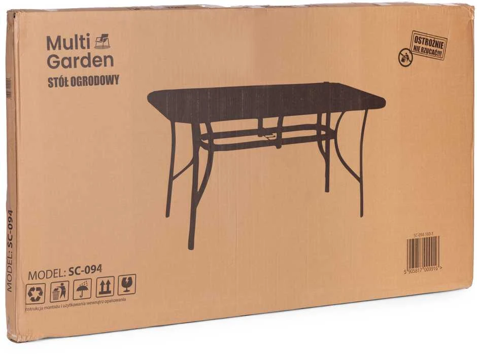 Sodo stalas, 140x80 cm, grūdintas stiklas, su skėčio skylute, juodas, „MultiGarden“