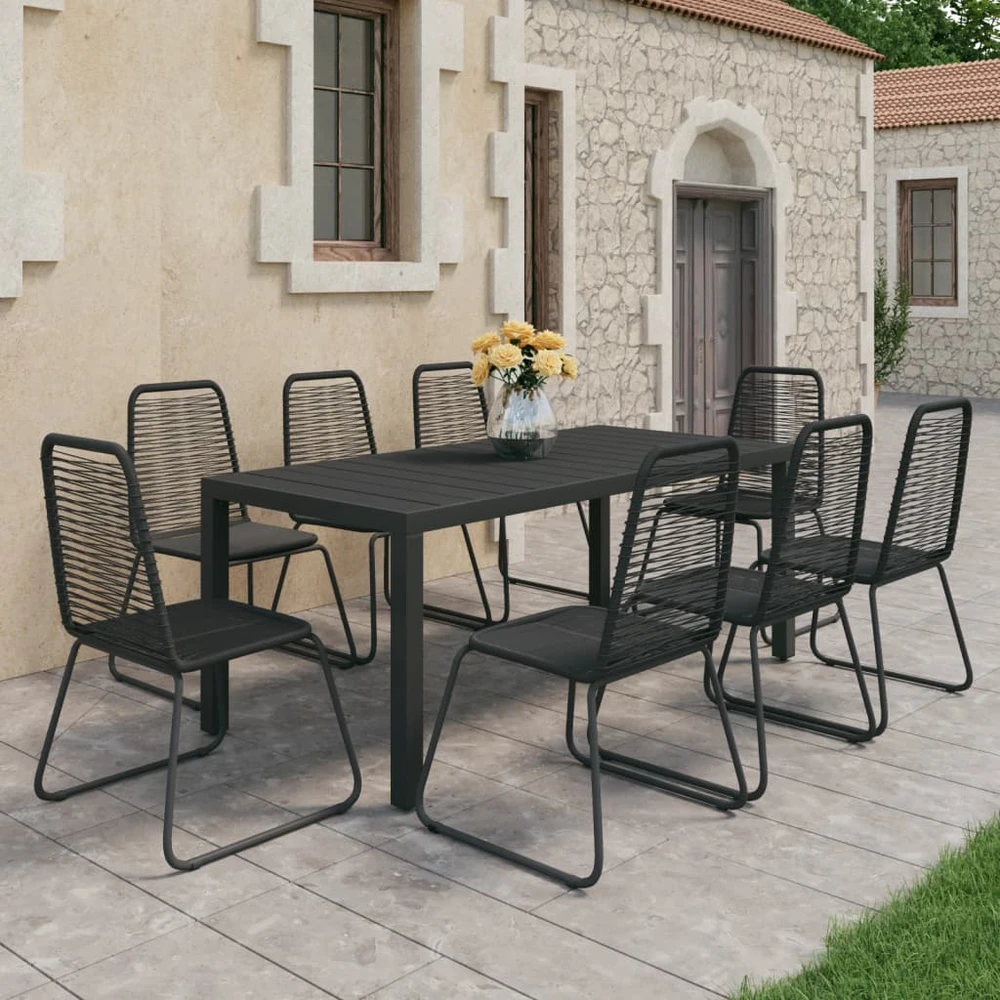 Lauko baldų komplektas Sodo valgomojo komplektas, 9 dalių, juodas, PVC ratanas