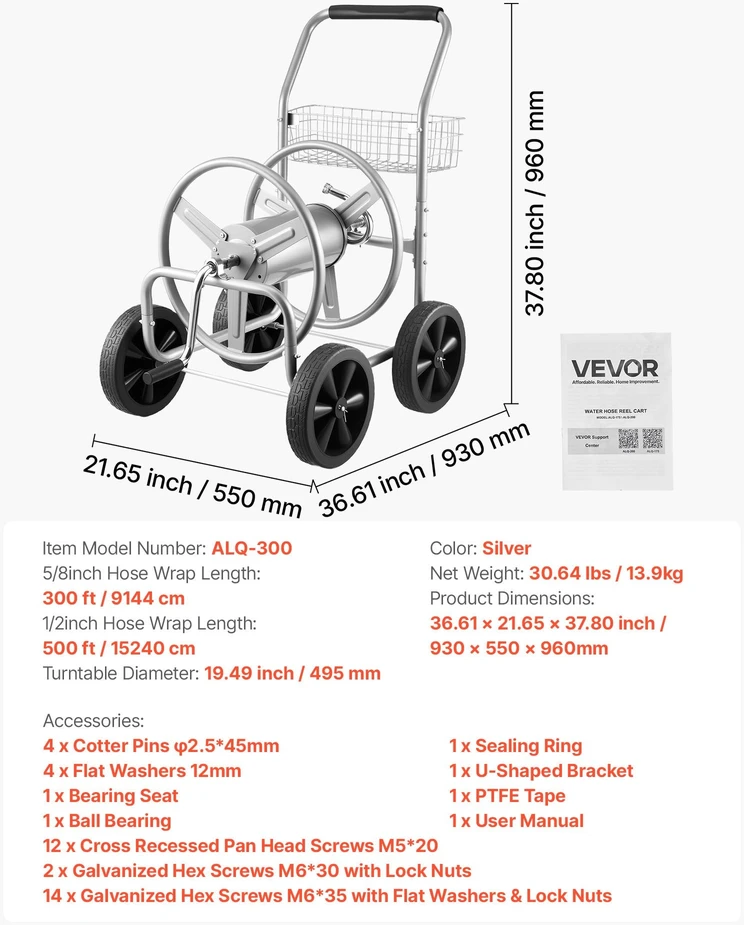 VEVOR Žarnos suvyniojimo vežimėlis 91 m