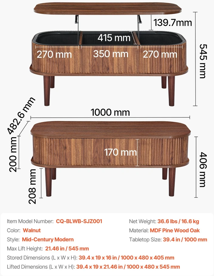 VEVOR 100 cm pakeliamas ovalus kavos stalas su saugykla