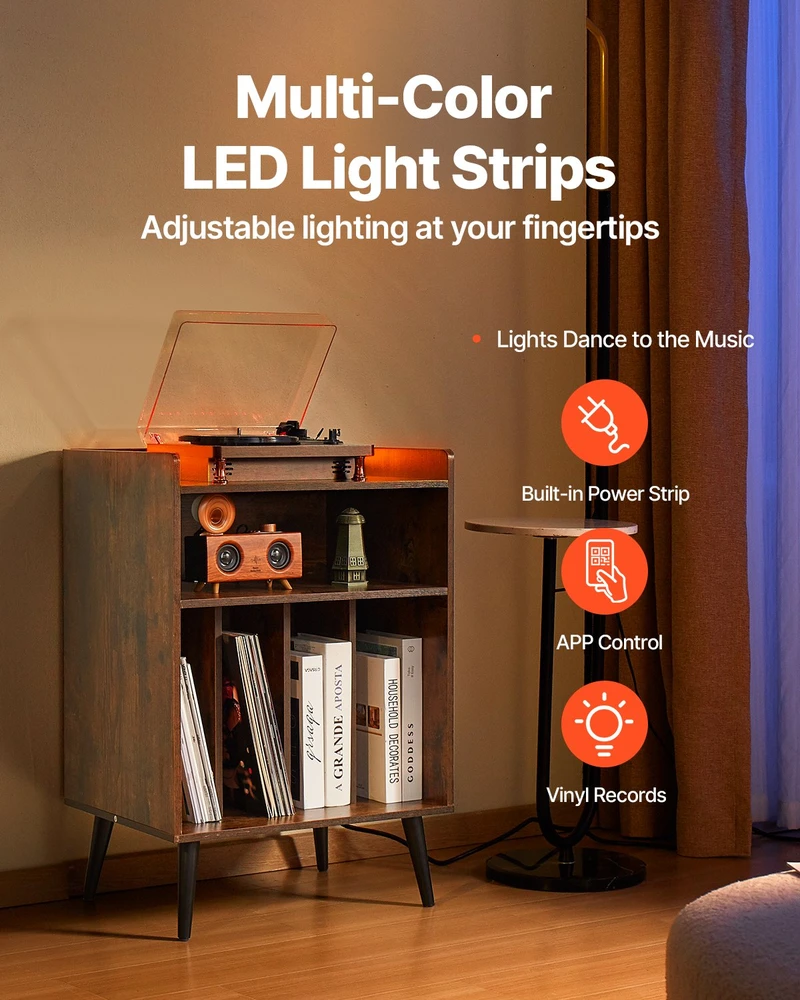 VEVOR 3 lygių patefono stovas su LED ir USB