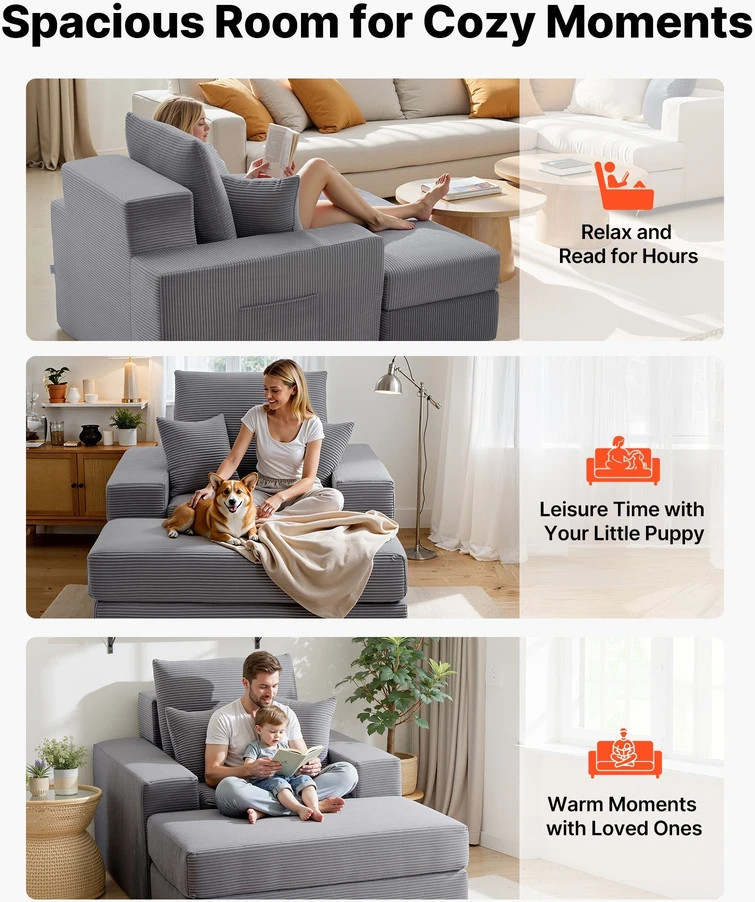 Sofa Vevor Pilka šezlonginė kėdė su pagalvėmis