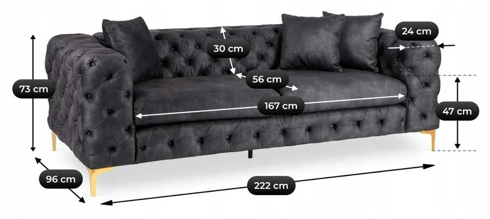 Morentas MORRENTO trivietė sofa, tamsiai pilka, aksominė, modernus žavesys