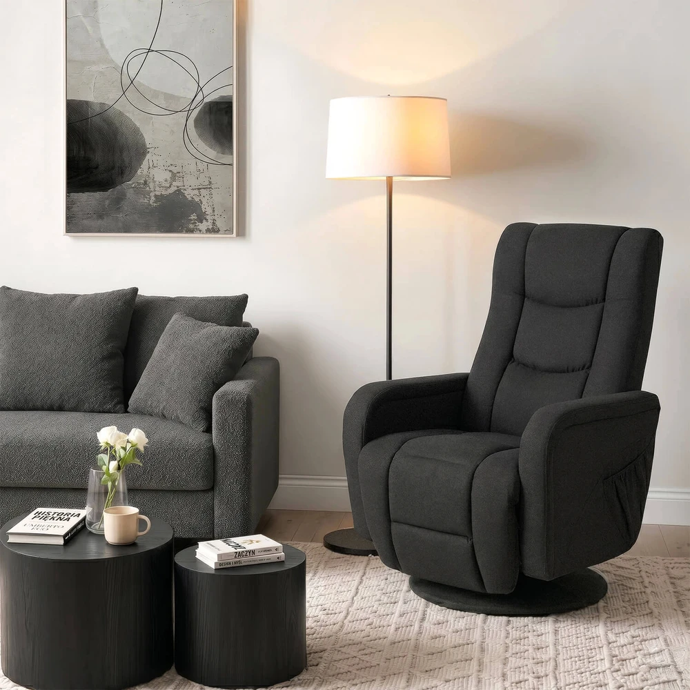 Sofa SPIKE 2 juodas modernus atlošiamas besisukantis masažinis krėslas su kojų atrama