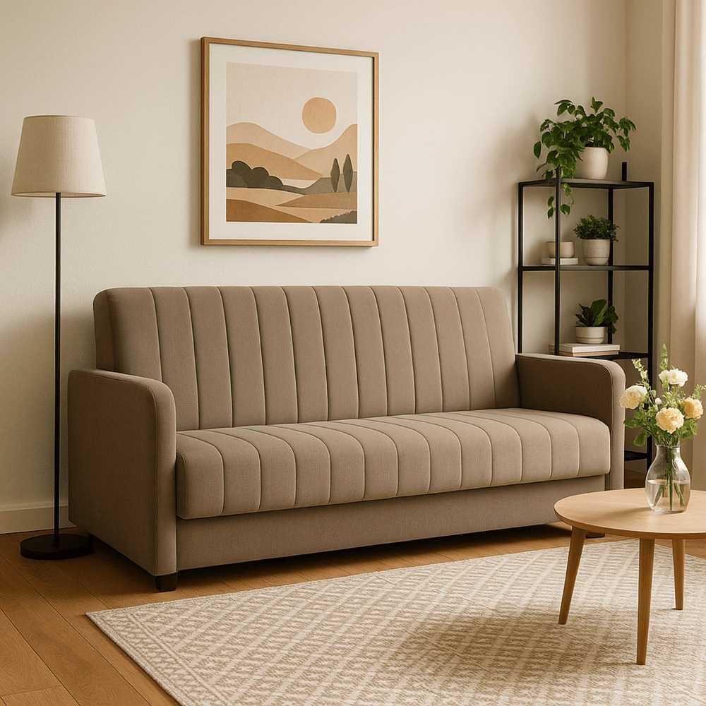 Mebel Elite Išskleidžiama sofa PORTO su patalynės dėže, 198 cm, smėlinė