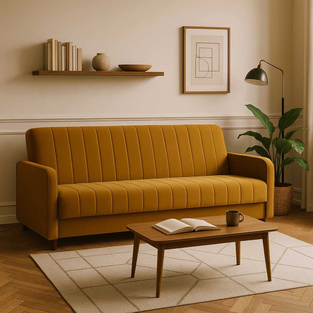 Mebel Elite Sofa-lova PORTO, miegamoji vieta 114 × 186 cm, garstyčių spalvos velūrinė