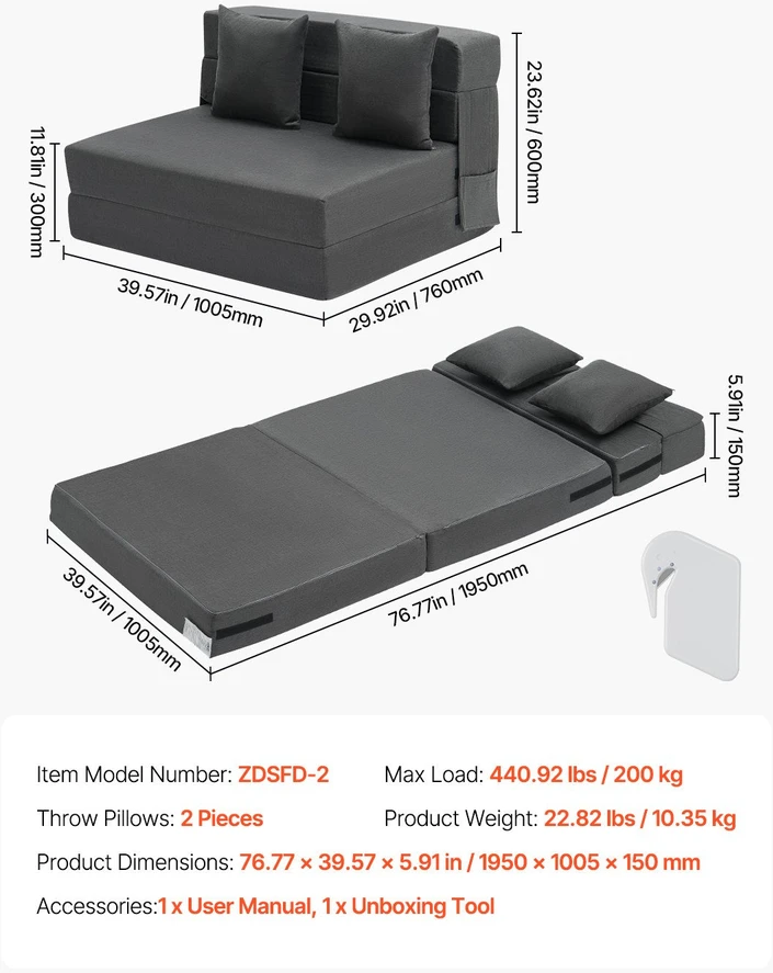 VEVOR Sulankstoma sofa-lova su pagalvėmis tamsiai pilka