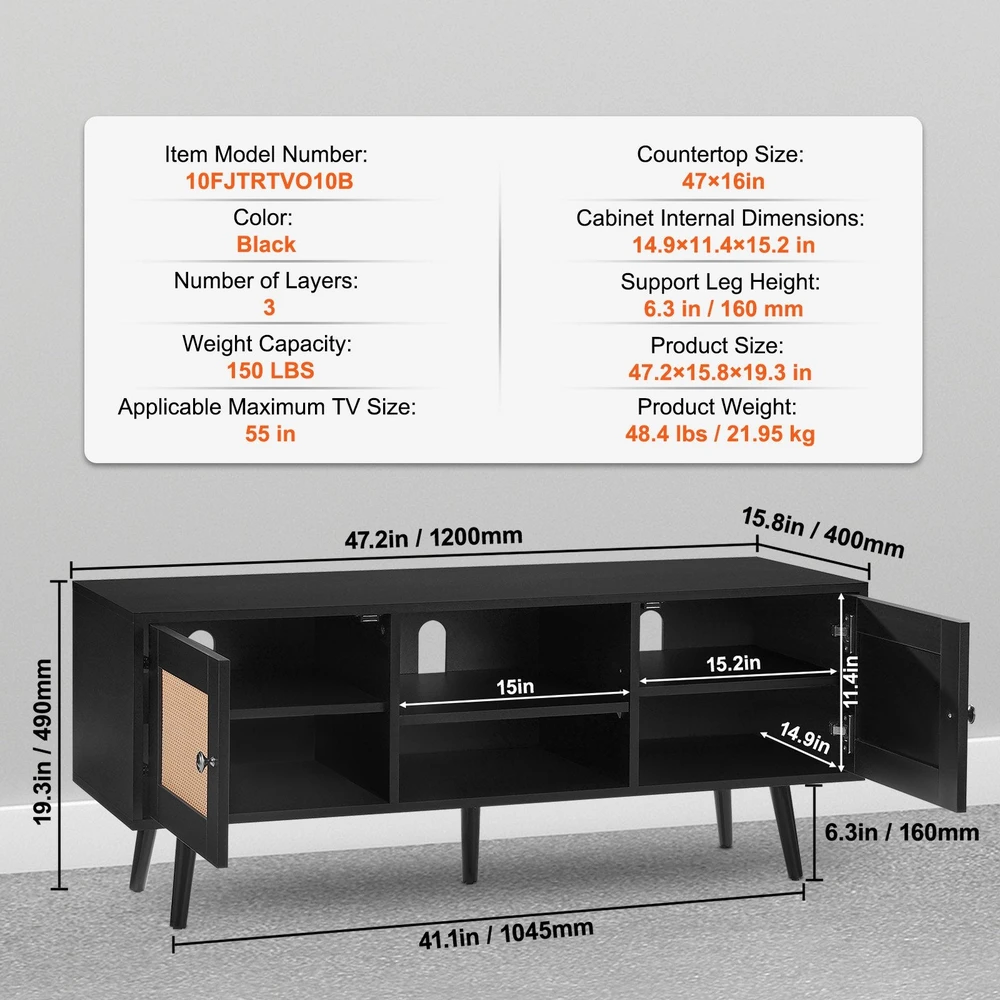 TV staliukas VEVOR Rataninė TV spintelė 140 cm