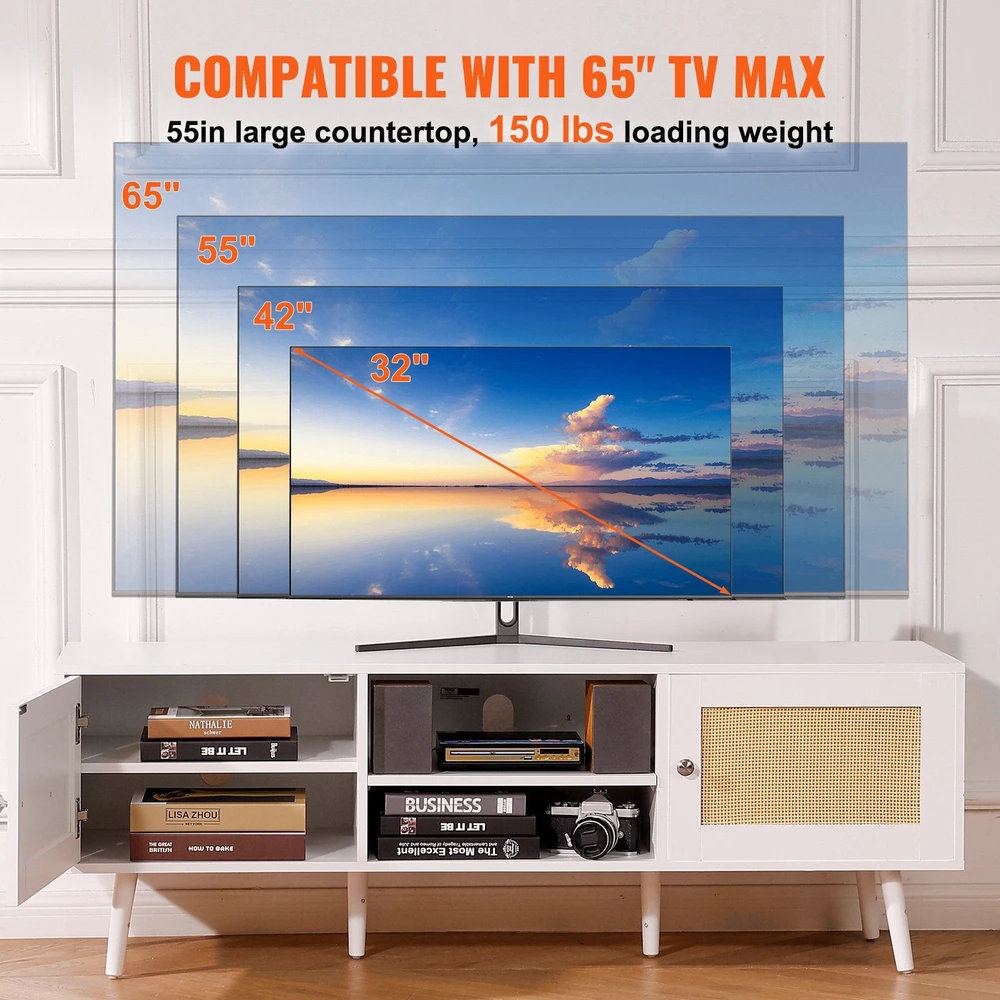 TV staliukas VEVOR Rataninė televizoriaus spintelė 65" TV su lizdu
