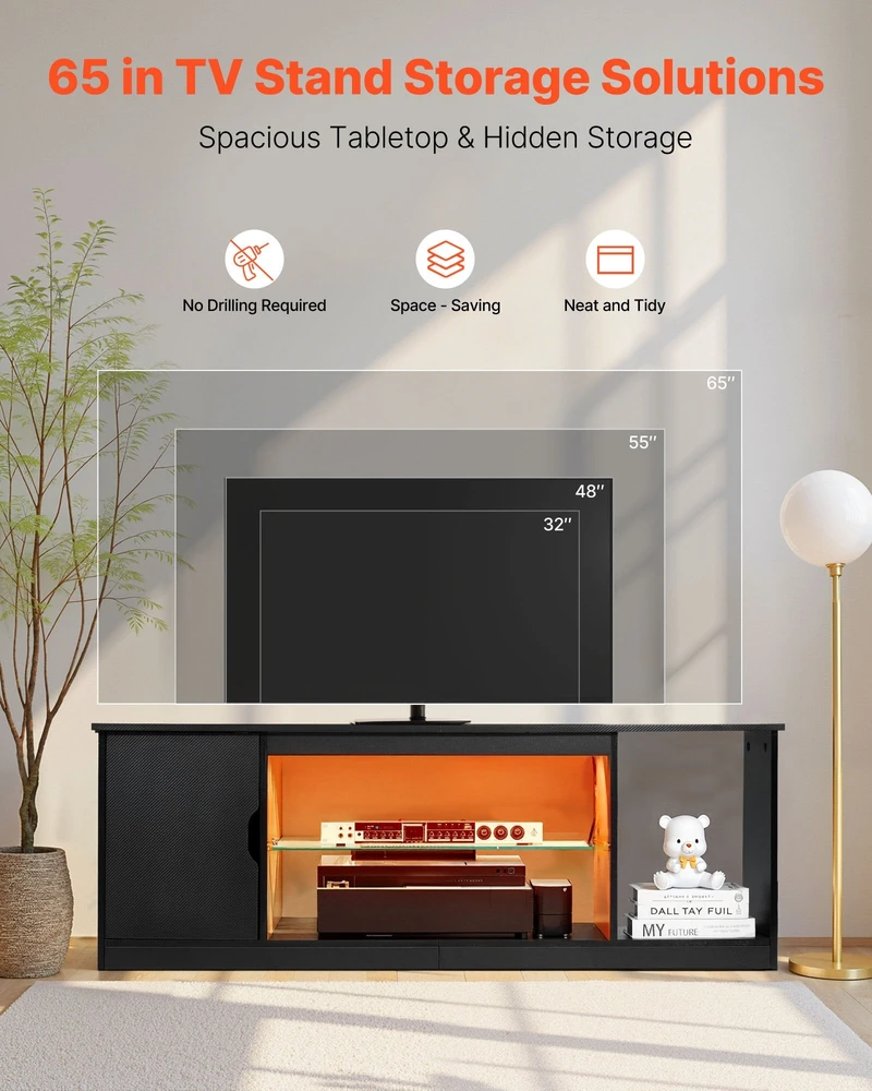 TV staliukas Vevor TV stovas iki 165 cm su stikline lentyna
