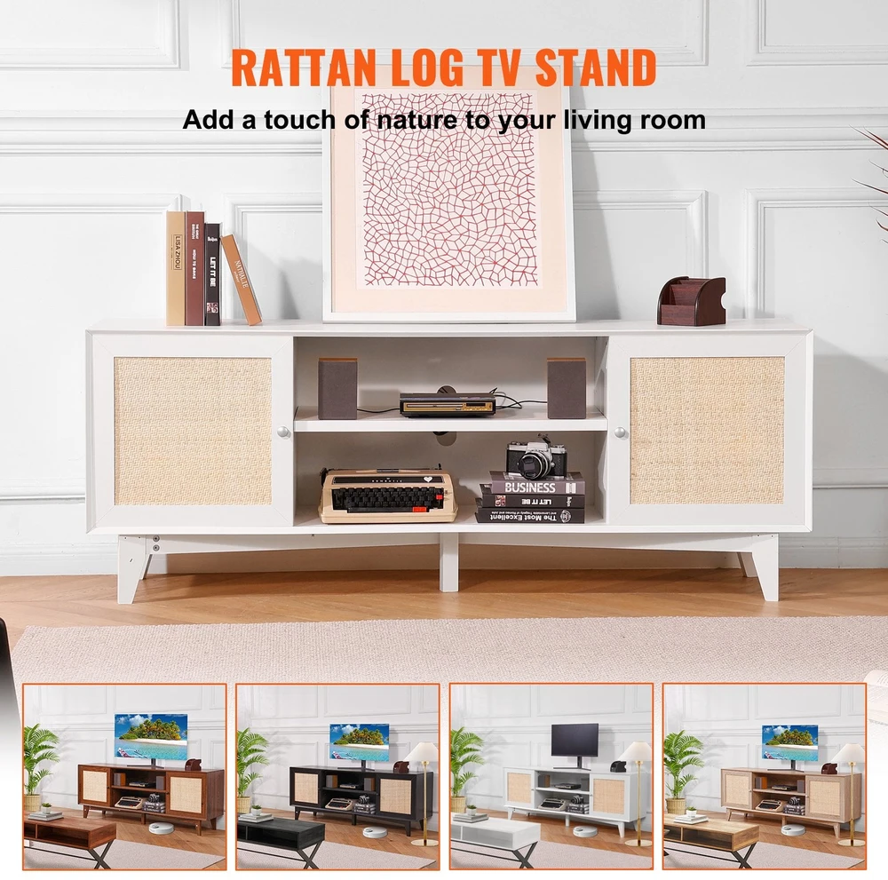 TV staliukas VEVOR Rattan televizoriaus stovas 191 cm baltas
