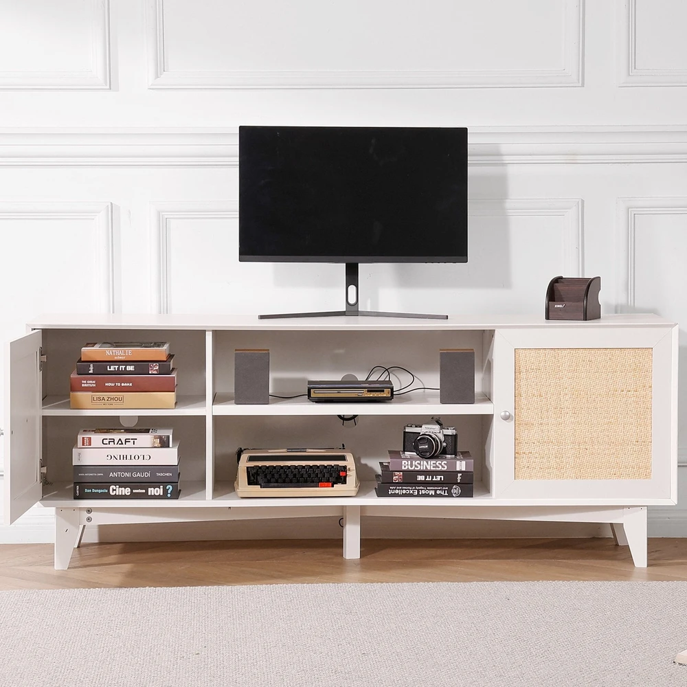 TV staliukas VEVOR Rattan televizoriaus stovas 191 cm baltas