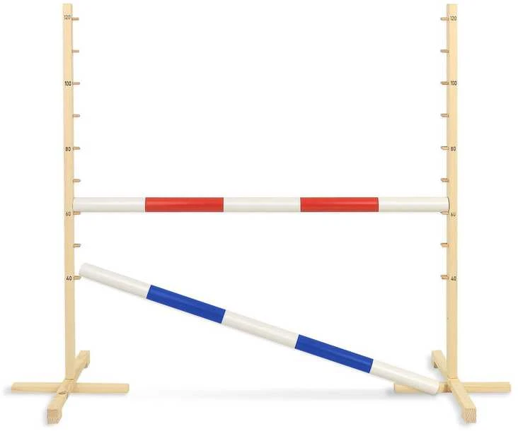 Šokinėjimo kliūtis hobby horse su raudona ir mėlyna kartimi