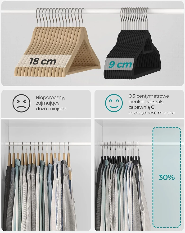 SONGMICS aksamitiniai pakabos drabužiams, komplektas 20 vnt., 0,6 cm plonumo, su 360° pasukamu kabliuku, juodi CRF20B
